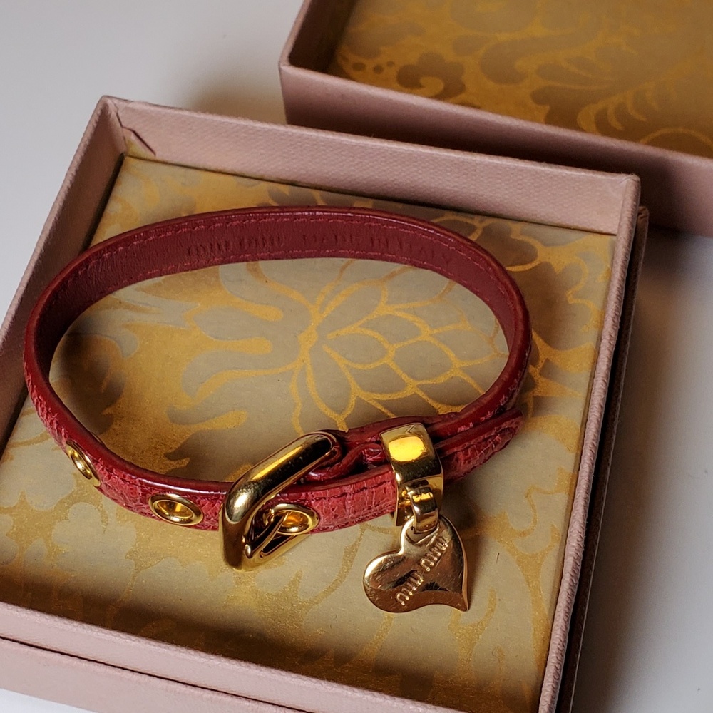Miumiu Red Leather Heart Charm Bracelet